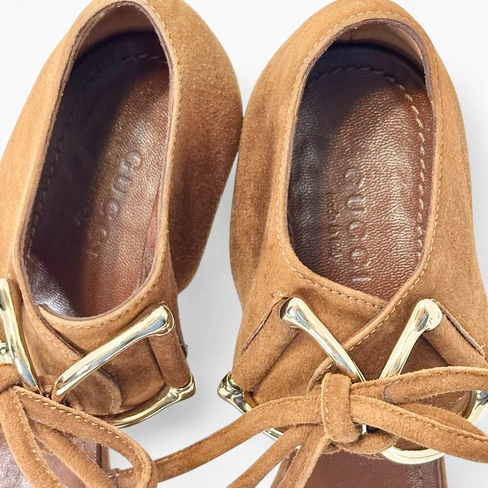 Gucci Vintage Y2K Horsebit Suede Sandals Lace Up Stiletto Heels Cognac Brown 7.5 - Picture 5 of 13